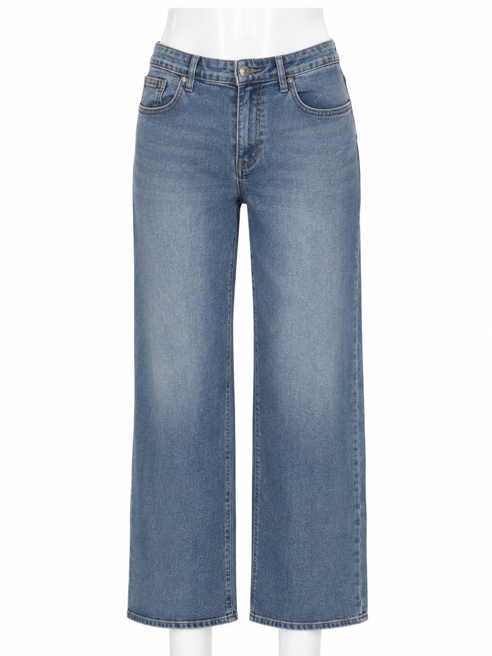 Wide Leg Medium Wash Denim Jeans Front Patch Pockets Casual Womens HDLTE Large